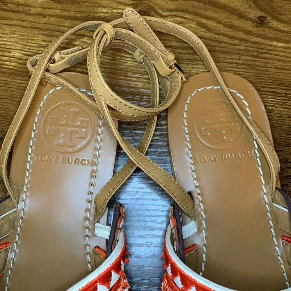 Tory Burch embroidered Poppy red multi sandals 6.5